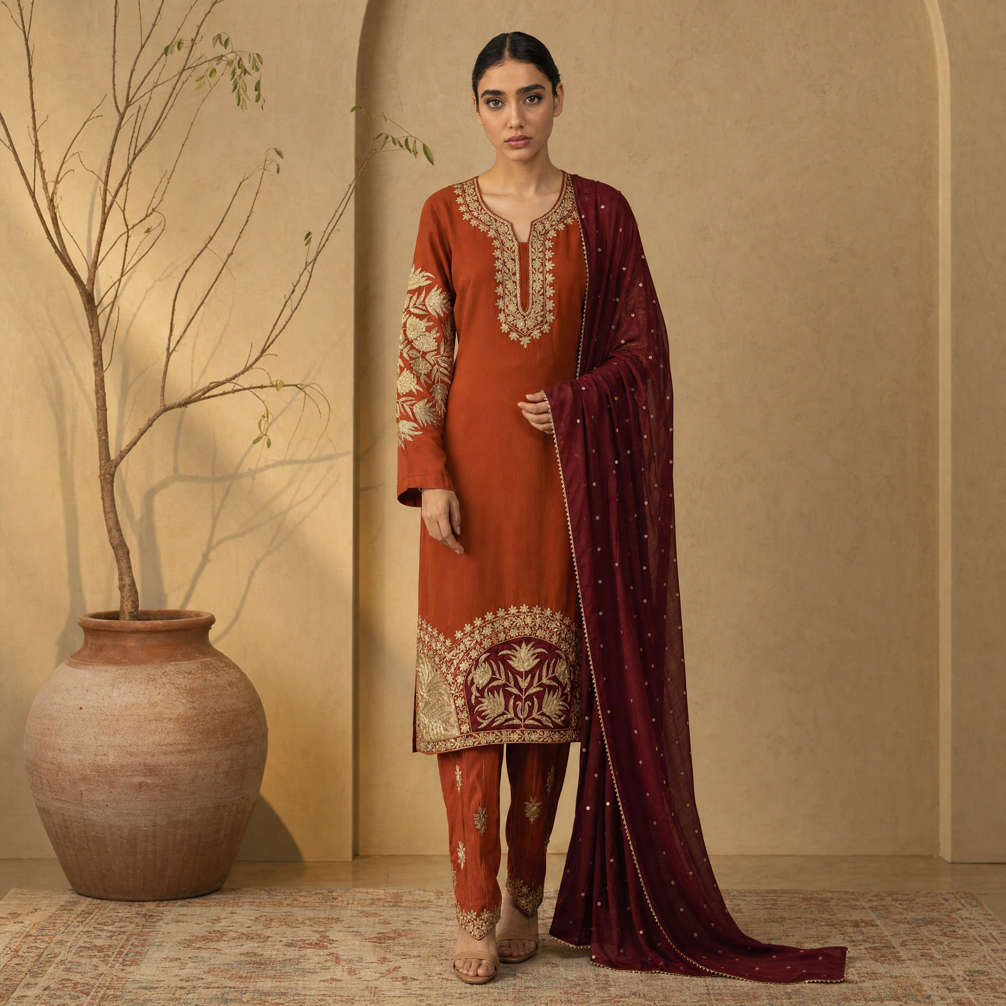 Rust and burgundy couture campaign portrait
