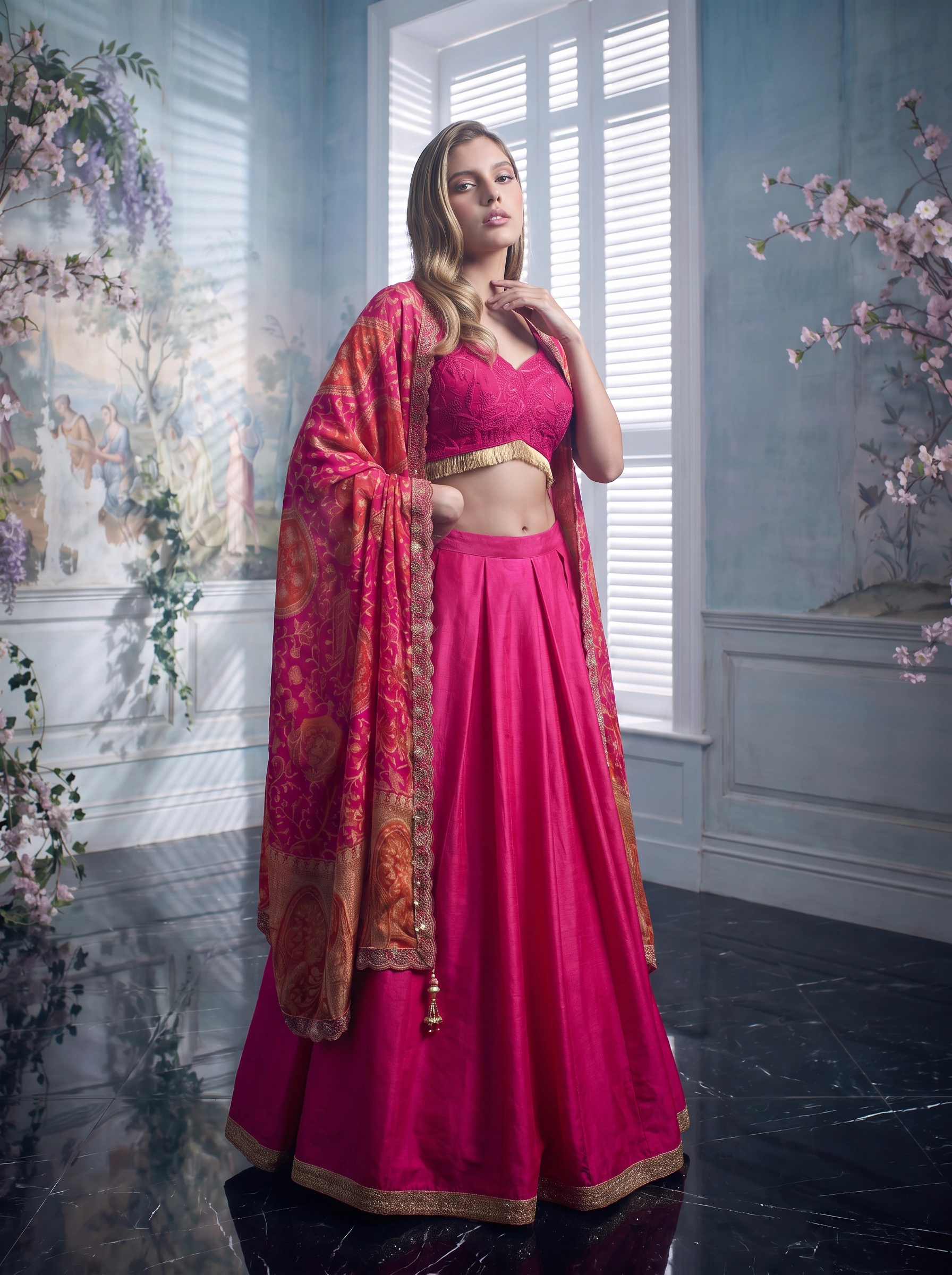 Full-length editorial portrait of the pink couture look