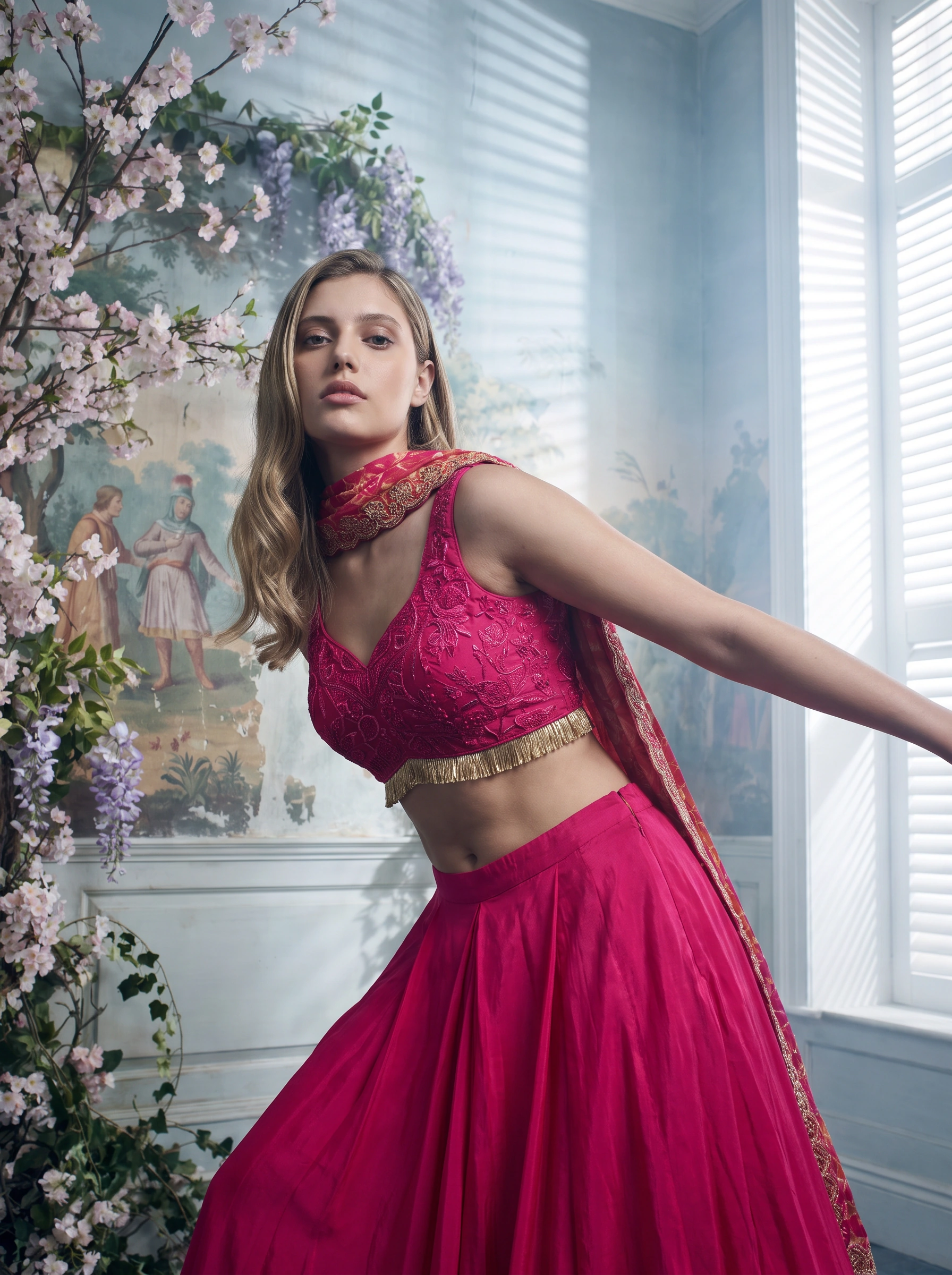 Editorial movement portrait of the pink couture look