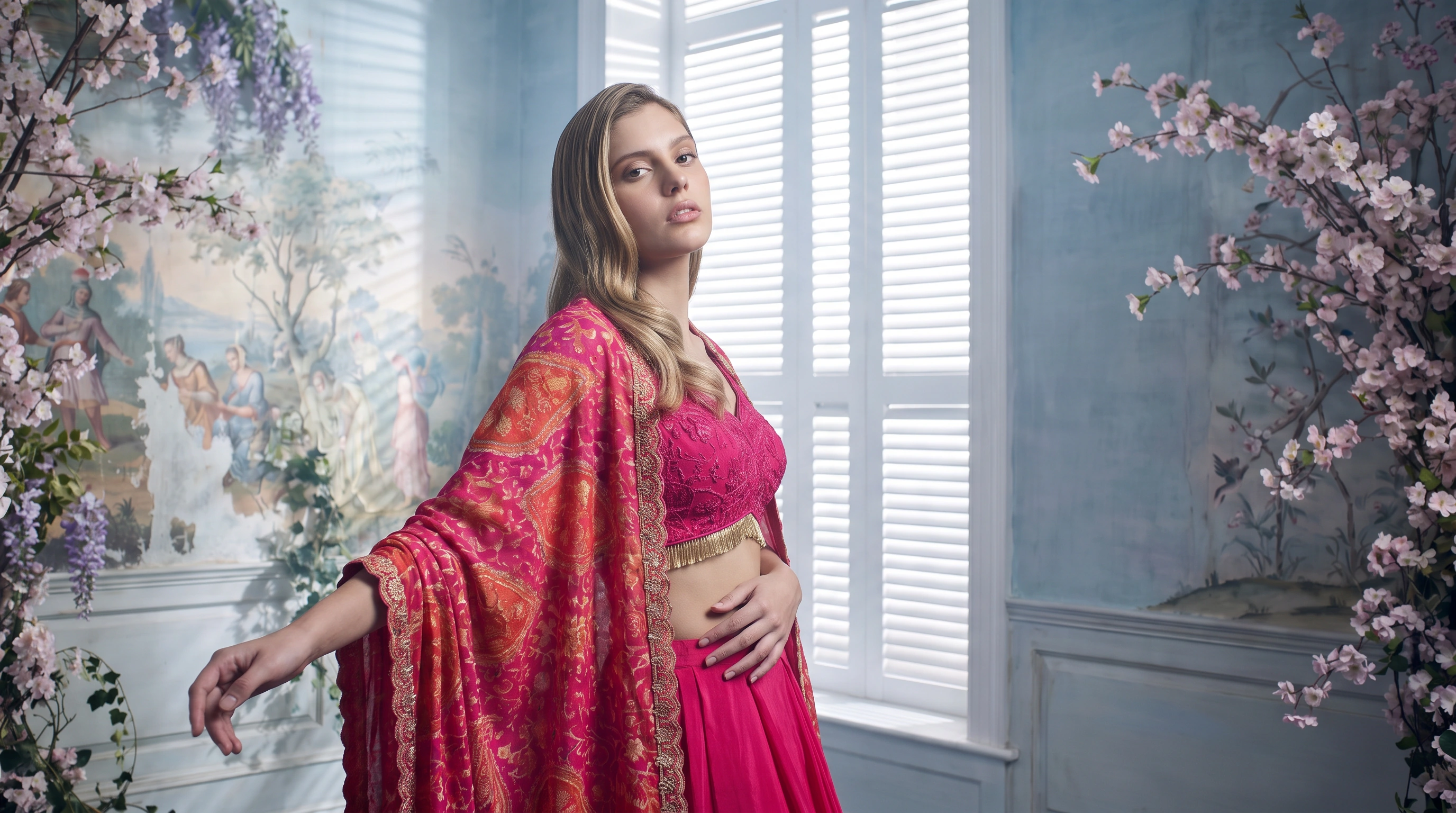 Wide campaign frame with pink couture and floral set