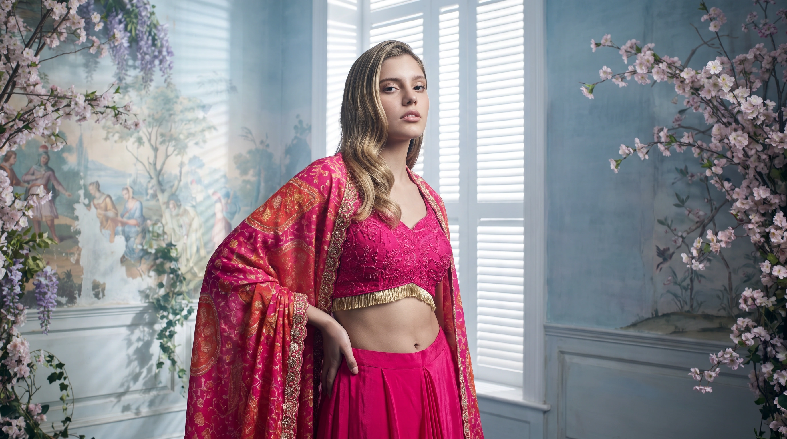 Wide boutique campaign image in a floral interior