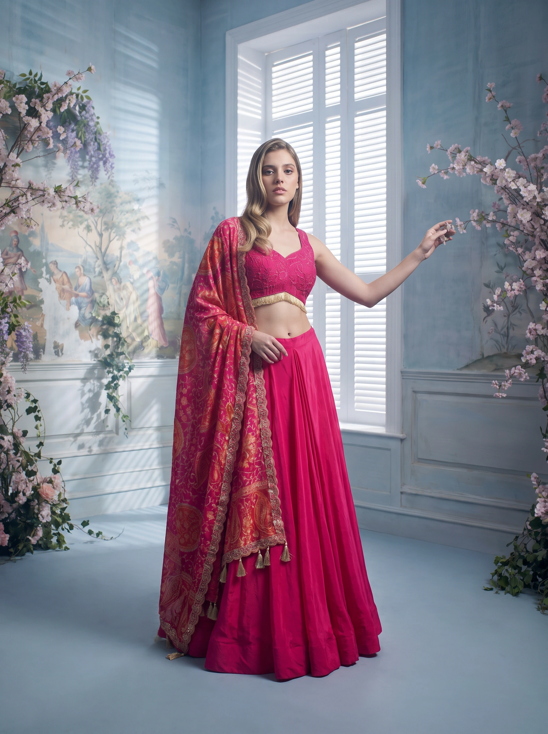 Full-length pink couture campaign portrait