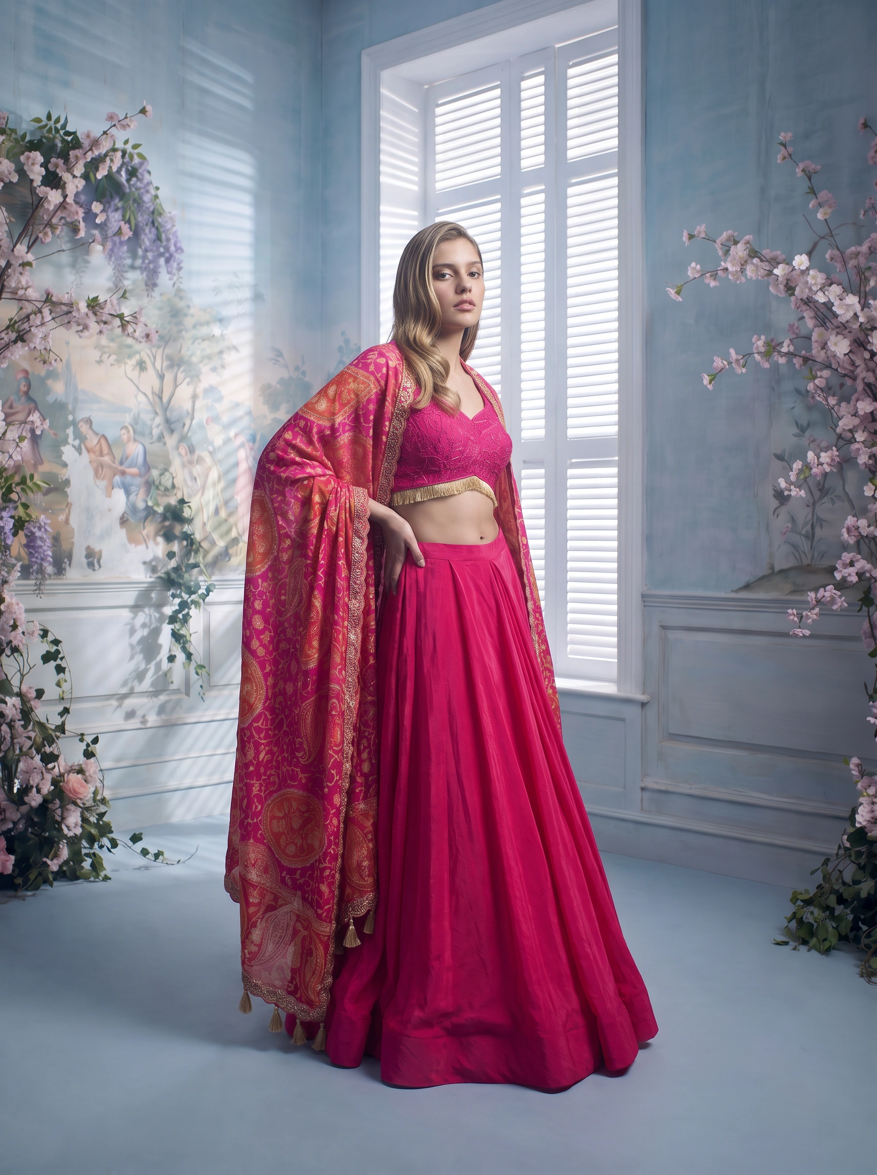 Full-length campaign portrait of the pink couture look