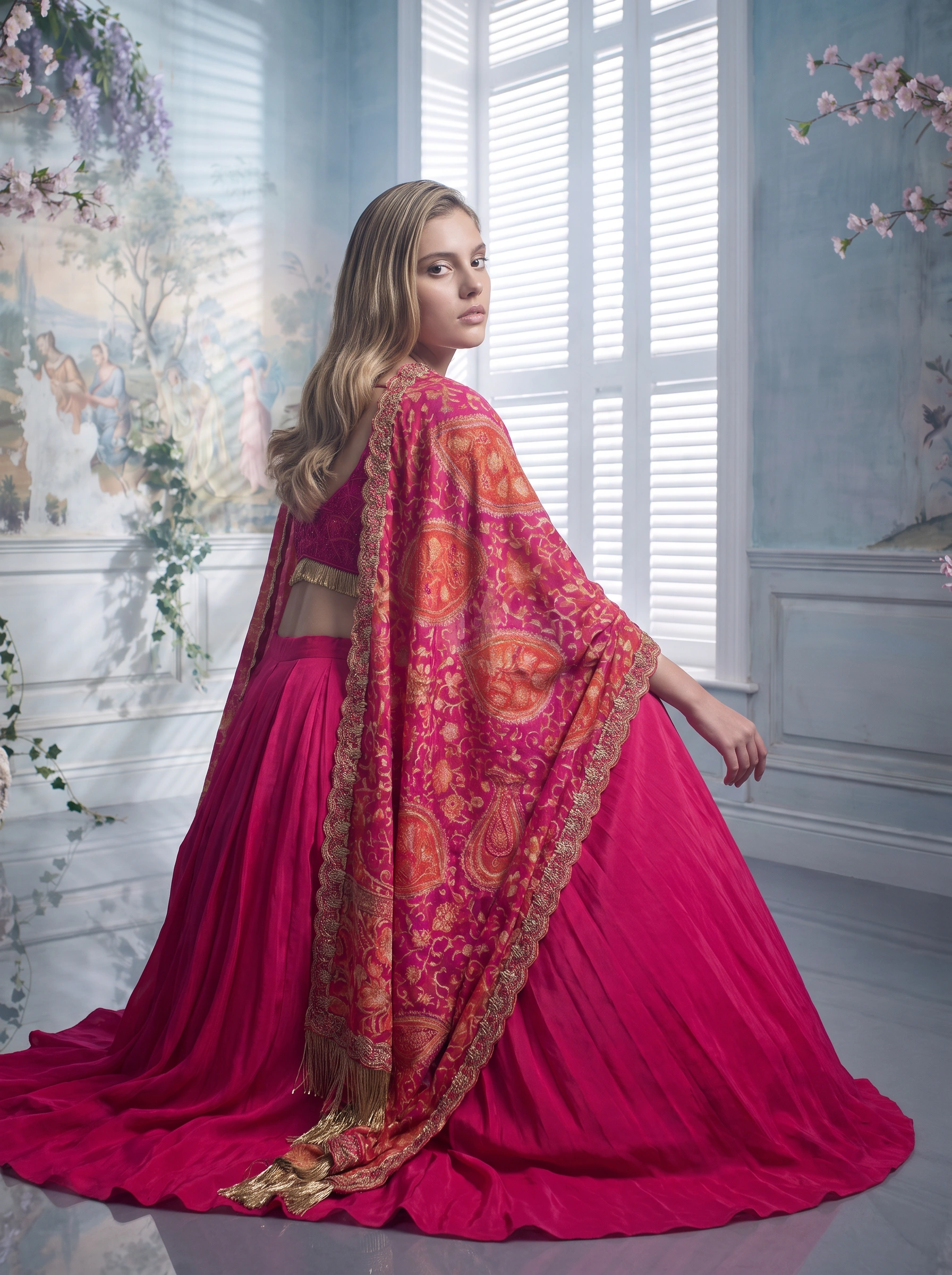 Seated couture campaign portrait with flowing dupatta