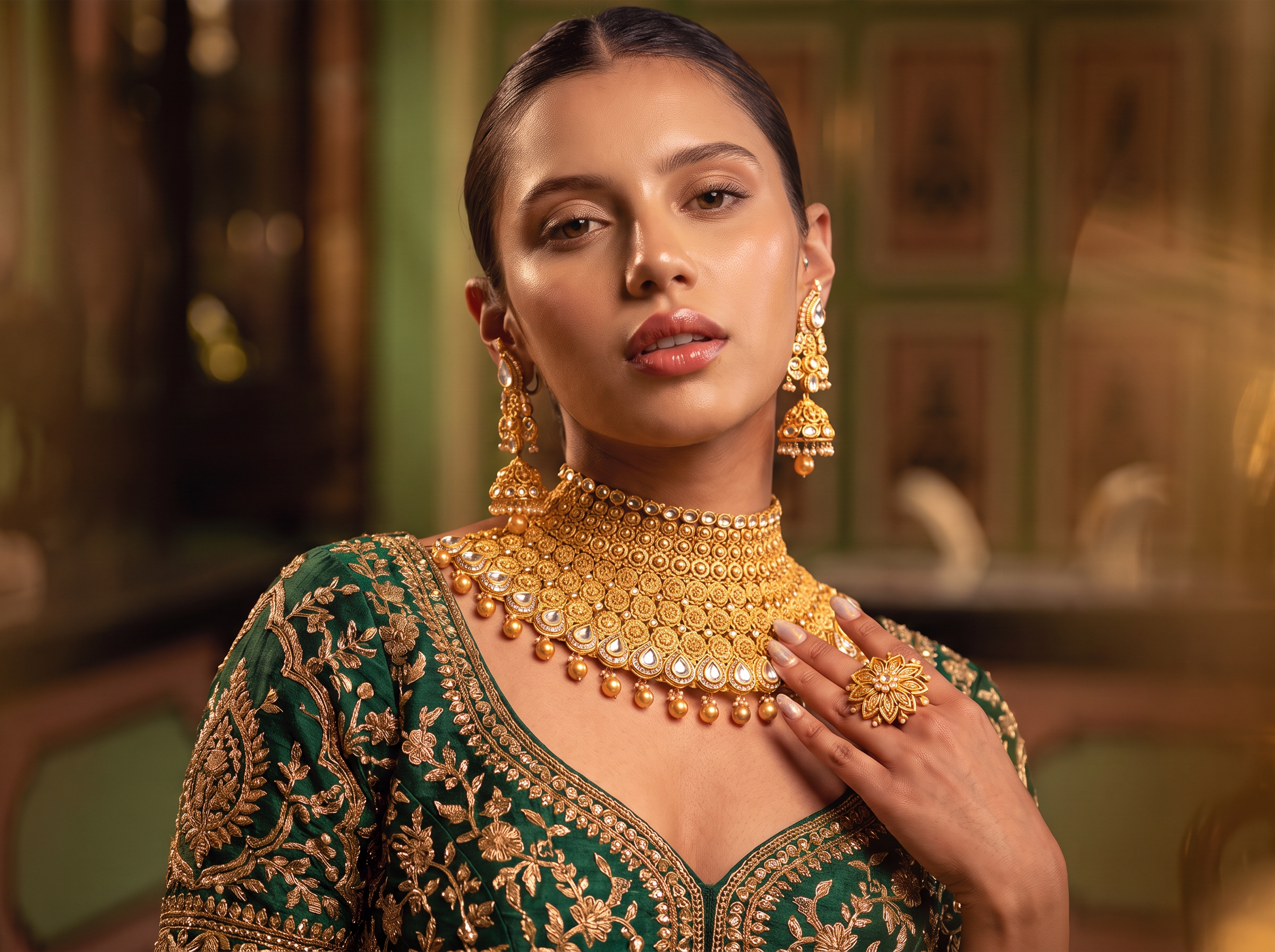 Gold bridal jewellery campaign portrait