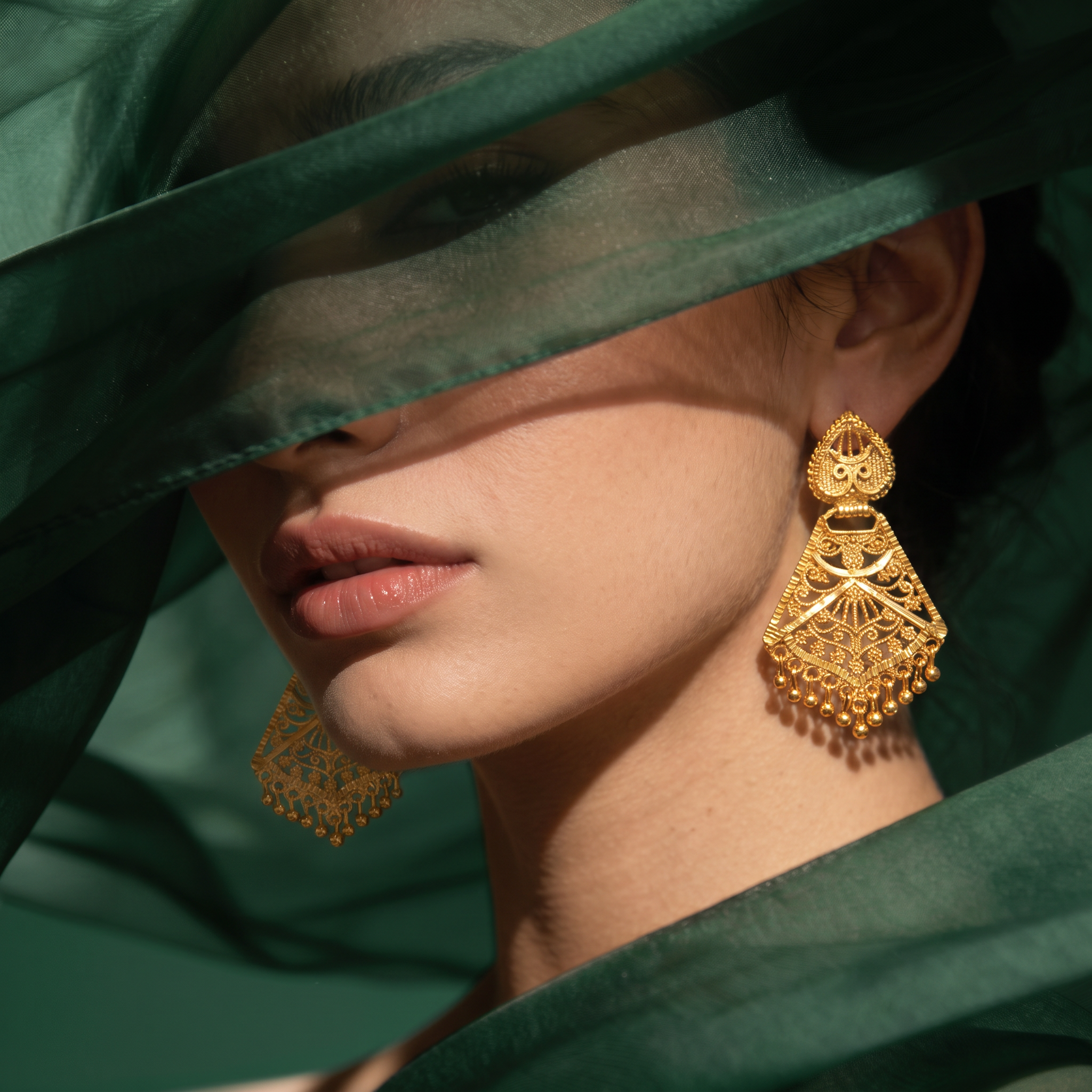 Gold earrings editorial close-up