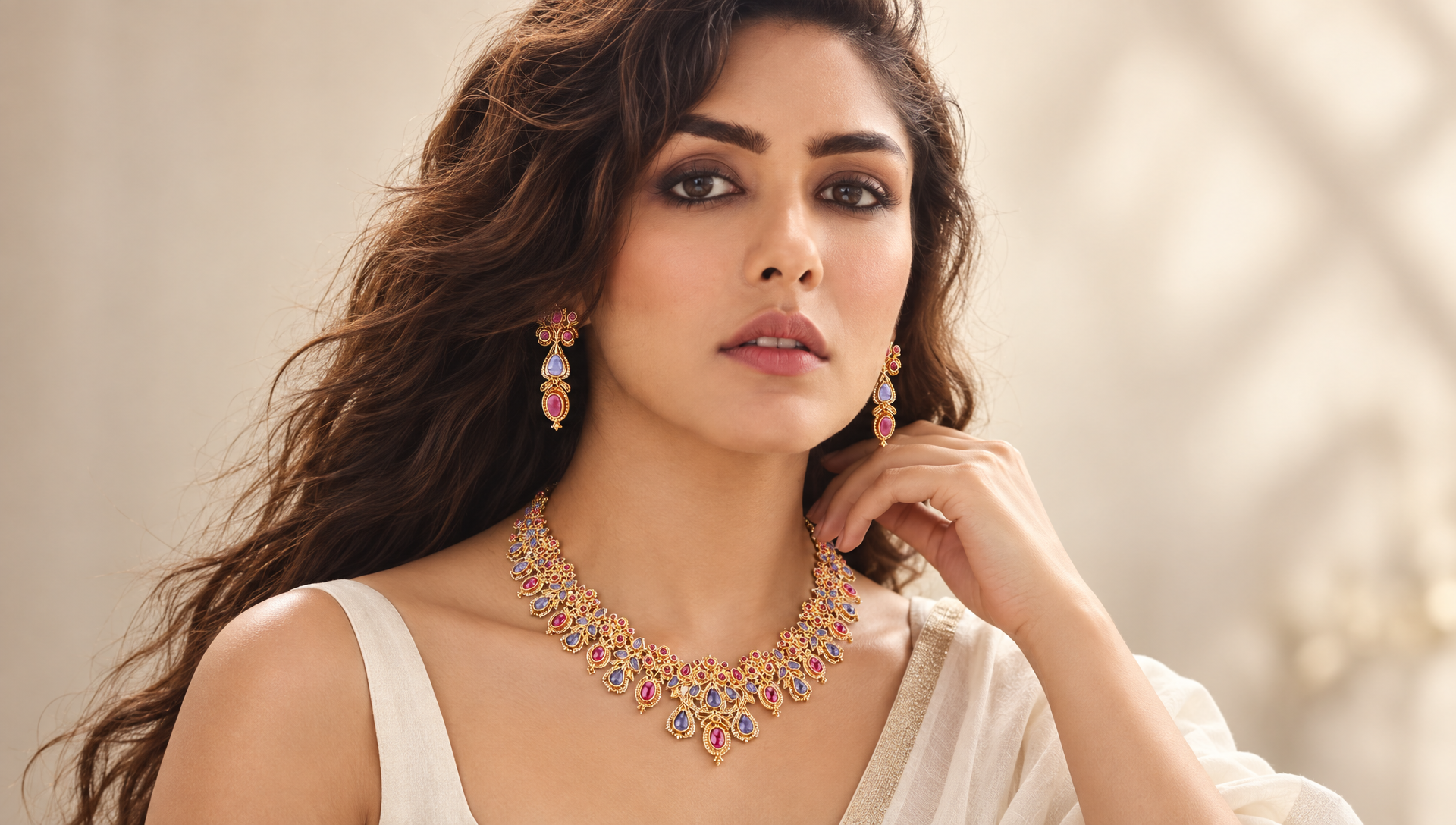 Multi-gem jewellery editorial portrait