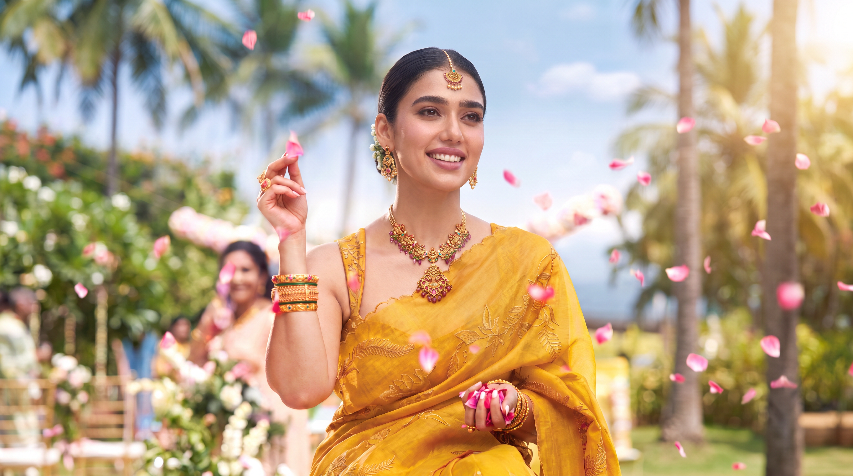 Yellow sari jewellery campaign in a tropical garden