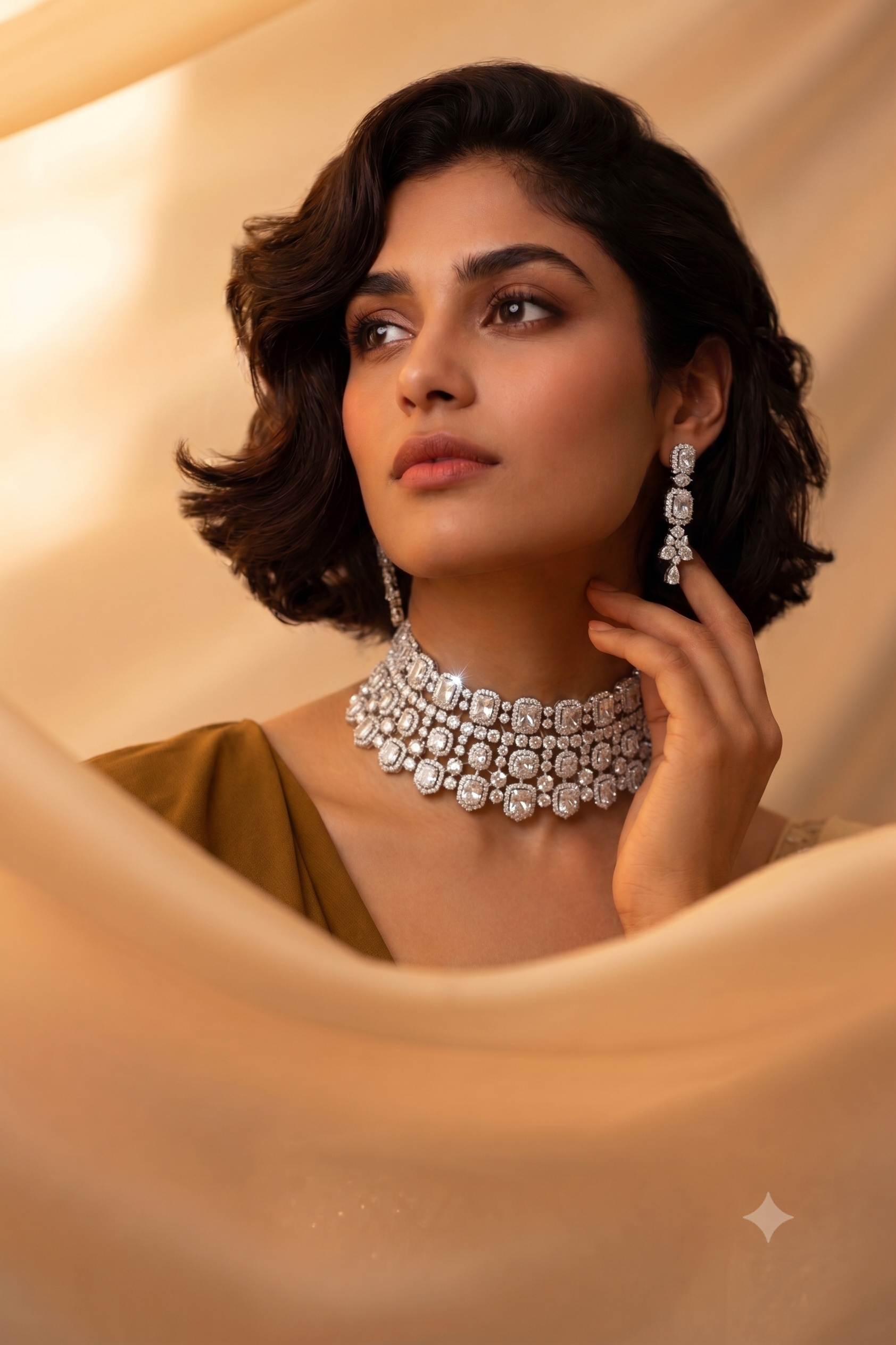 Diamond jewellery portrait in warm gold styling