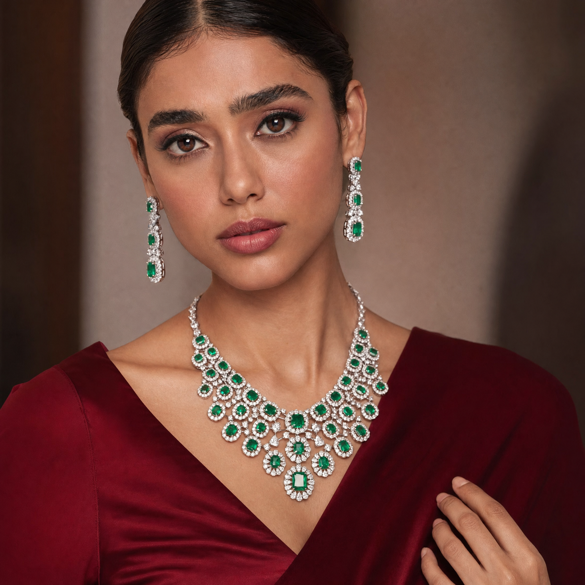 Emerald jewellery portrait in burgundy