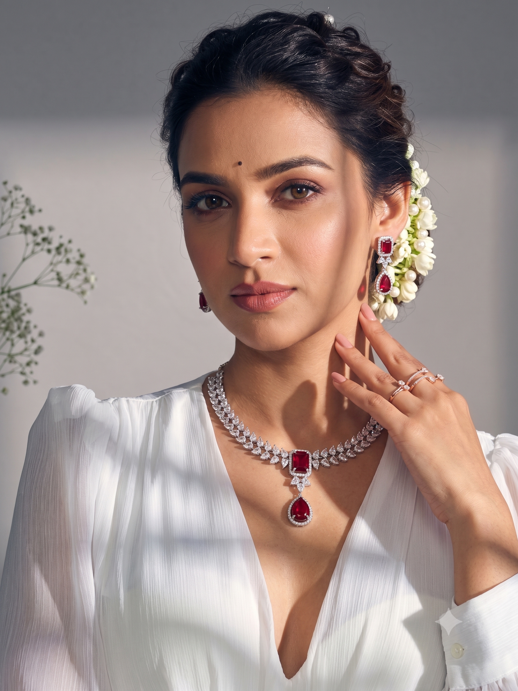 Ruby and diamond jewellery portrait in white