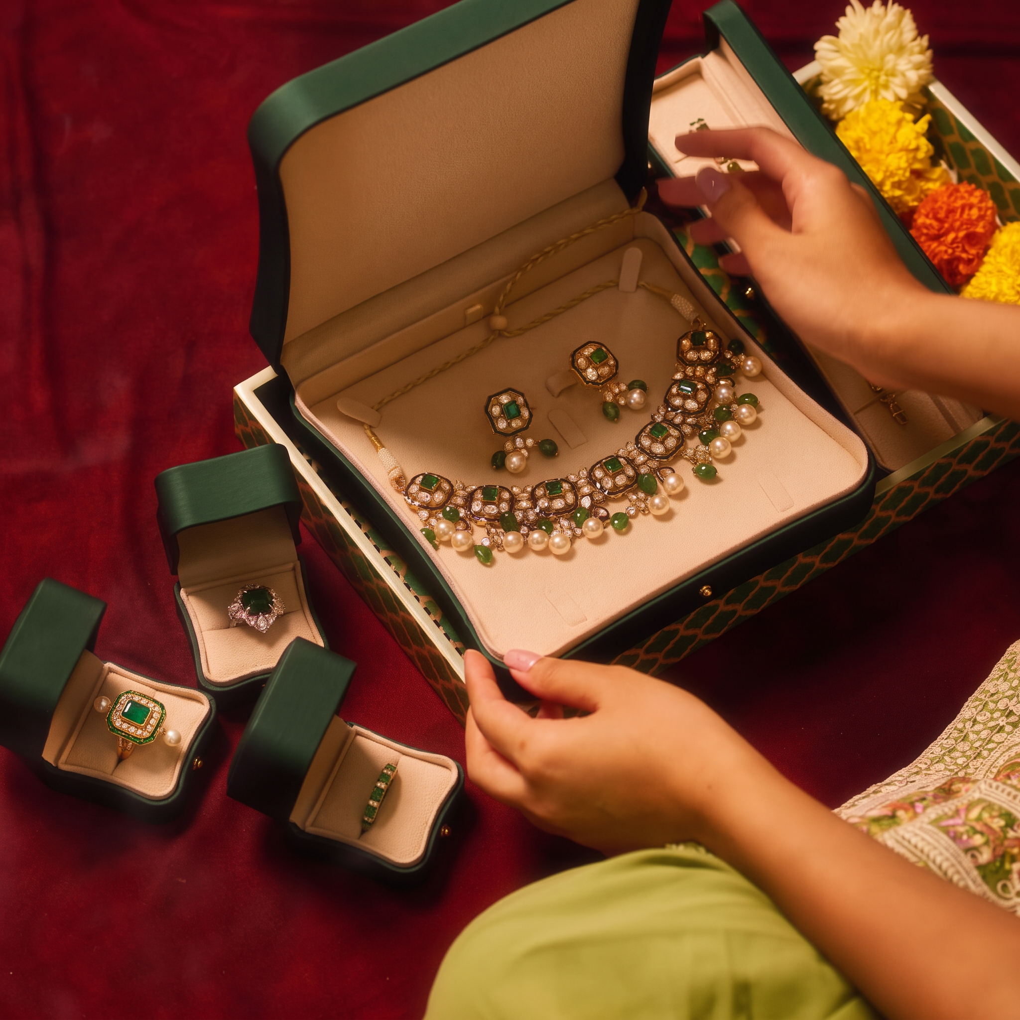 Jewellery collection arranged in presentation boxes