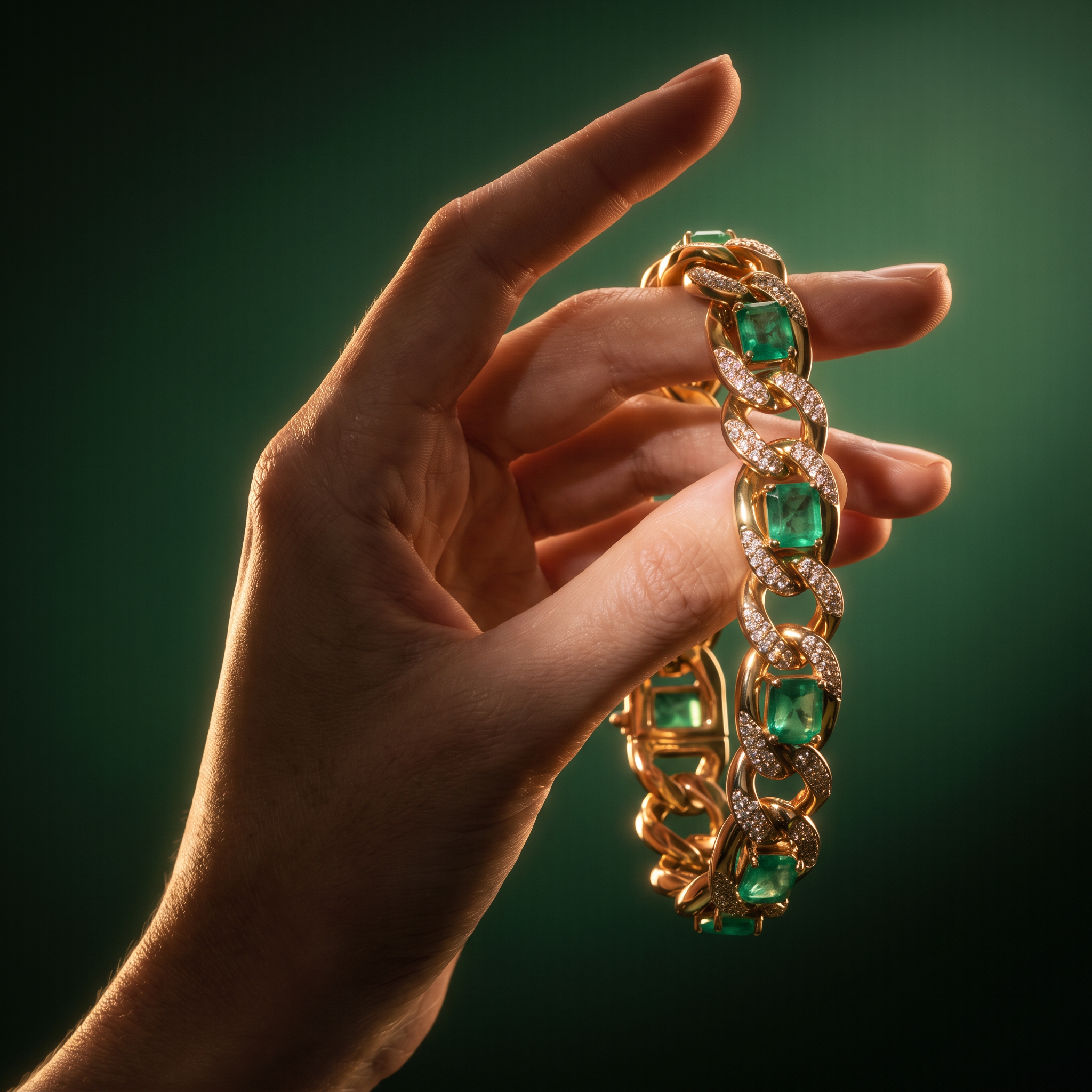 Emerald and diamond bracelet held in hand