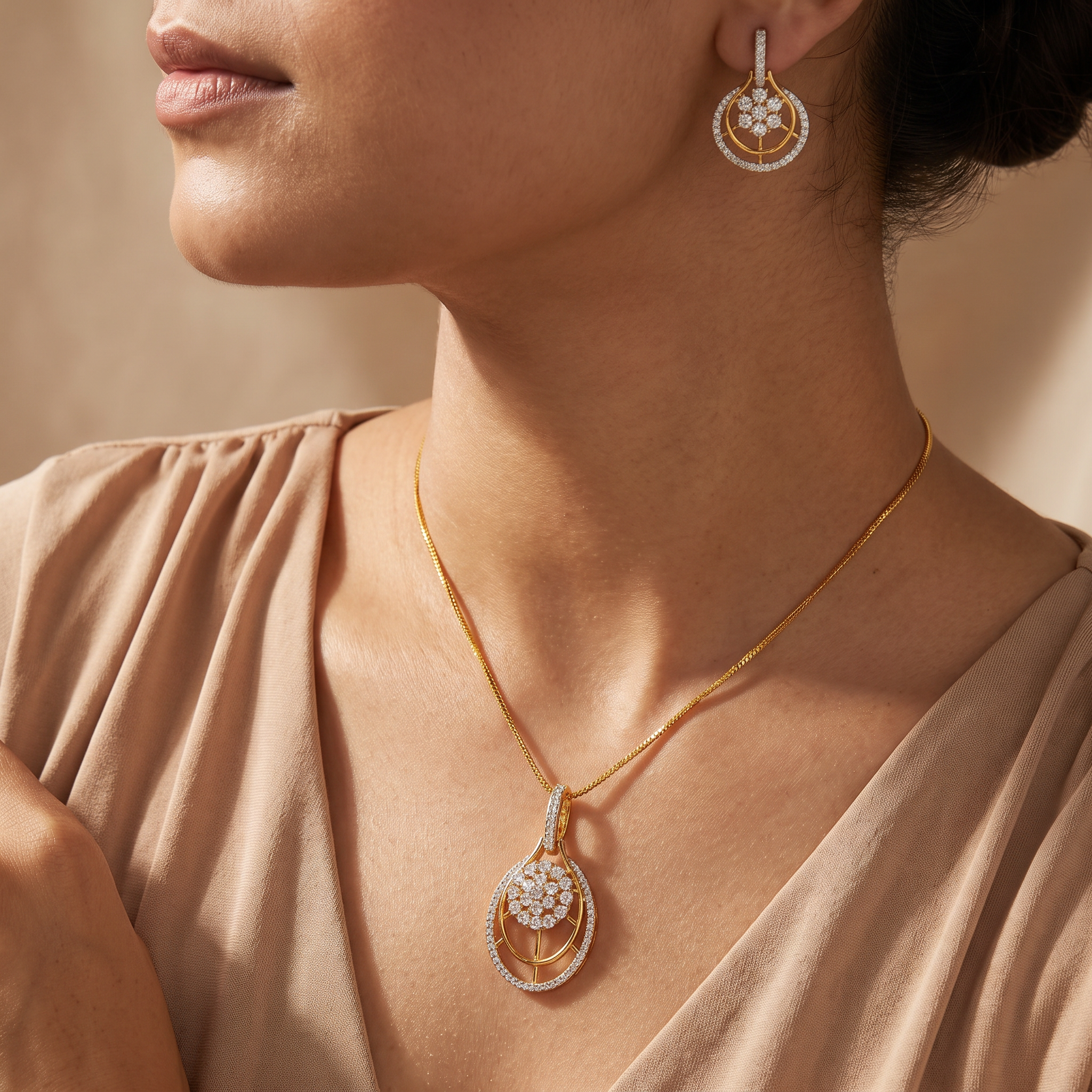 Diamond pendant and earring side-profile close-up