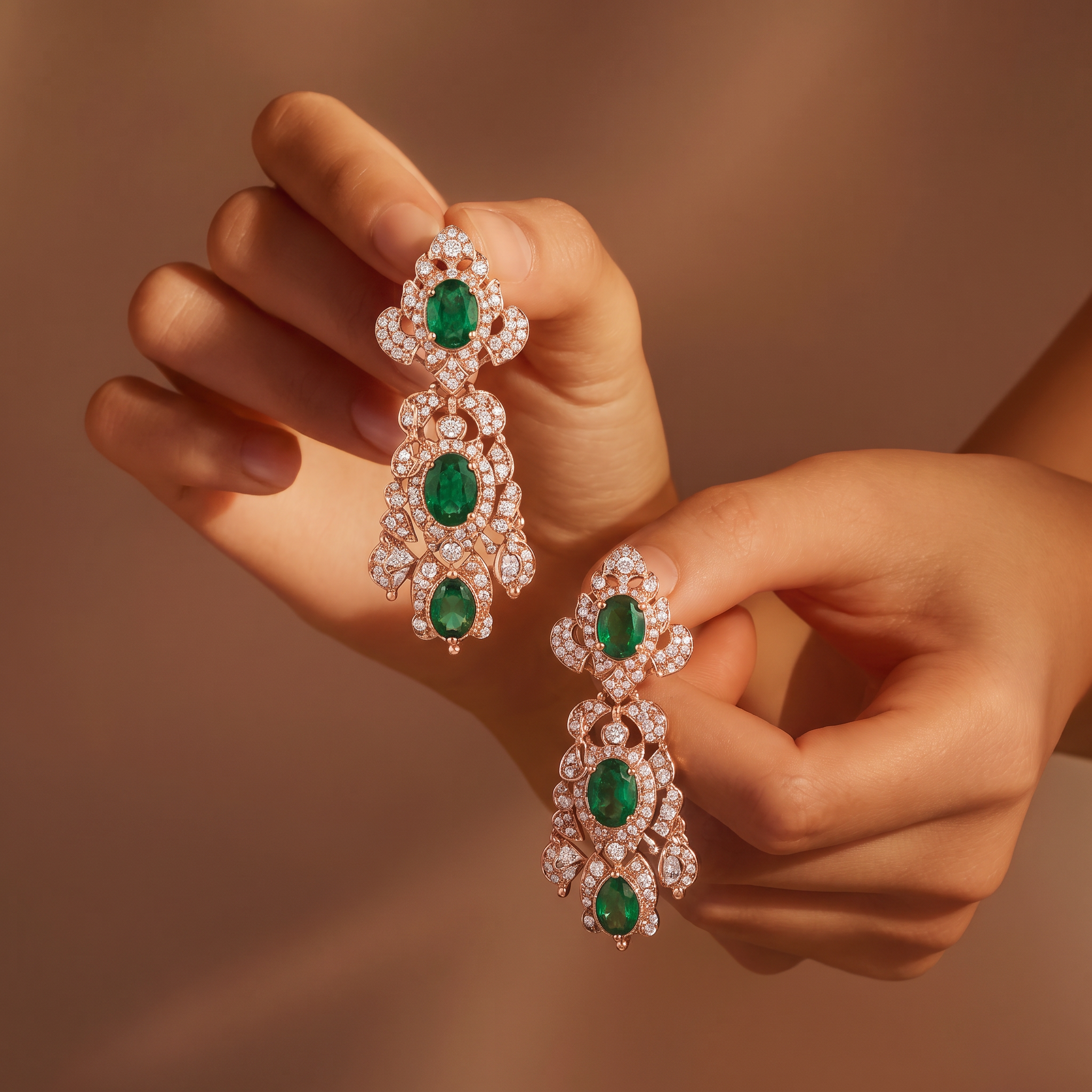 Emerald and diamond earrings held by hand