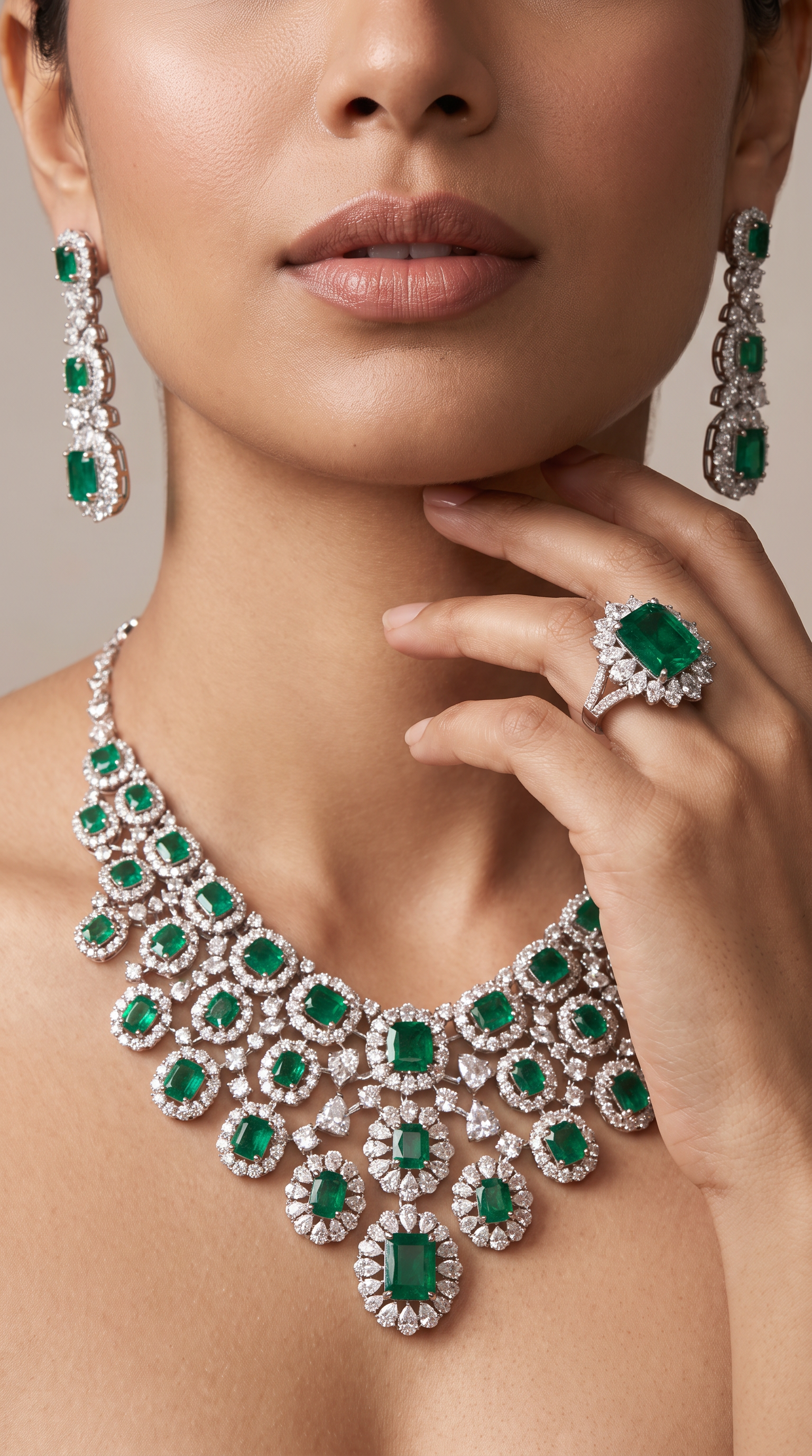 Emerald diamond jewellery editorial portrait