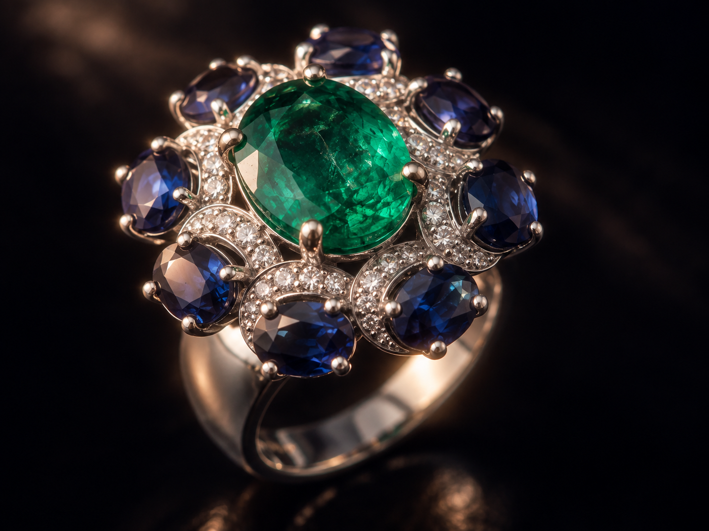 Emerald and sapphire statement ring