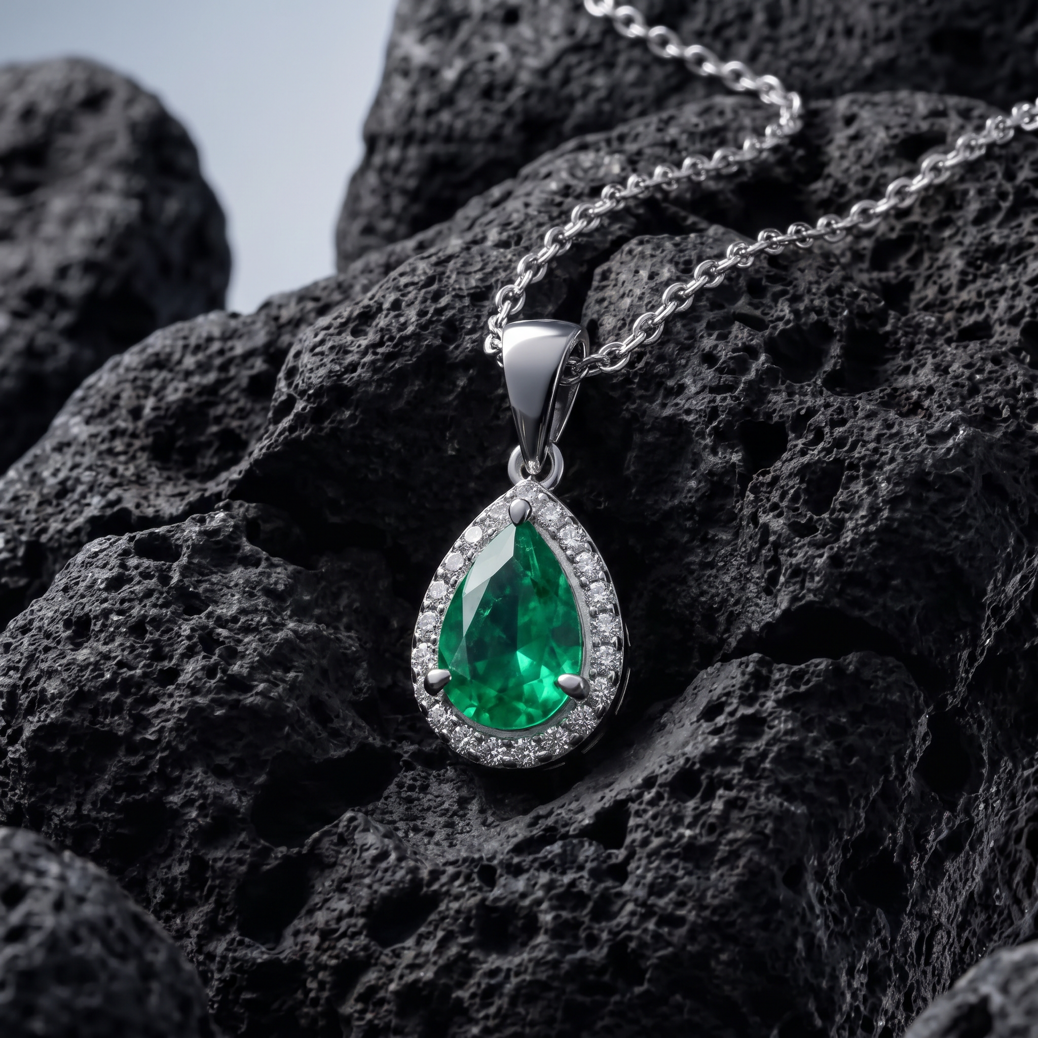 Emerald pendant on black volcanic stone