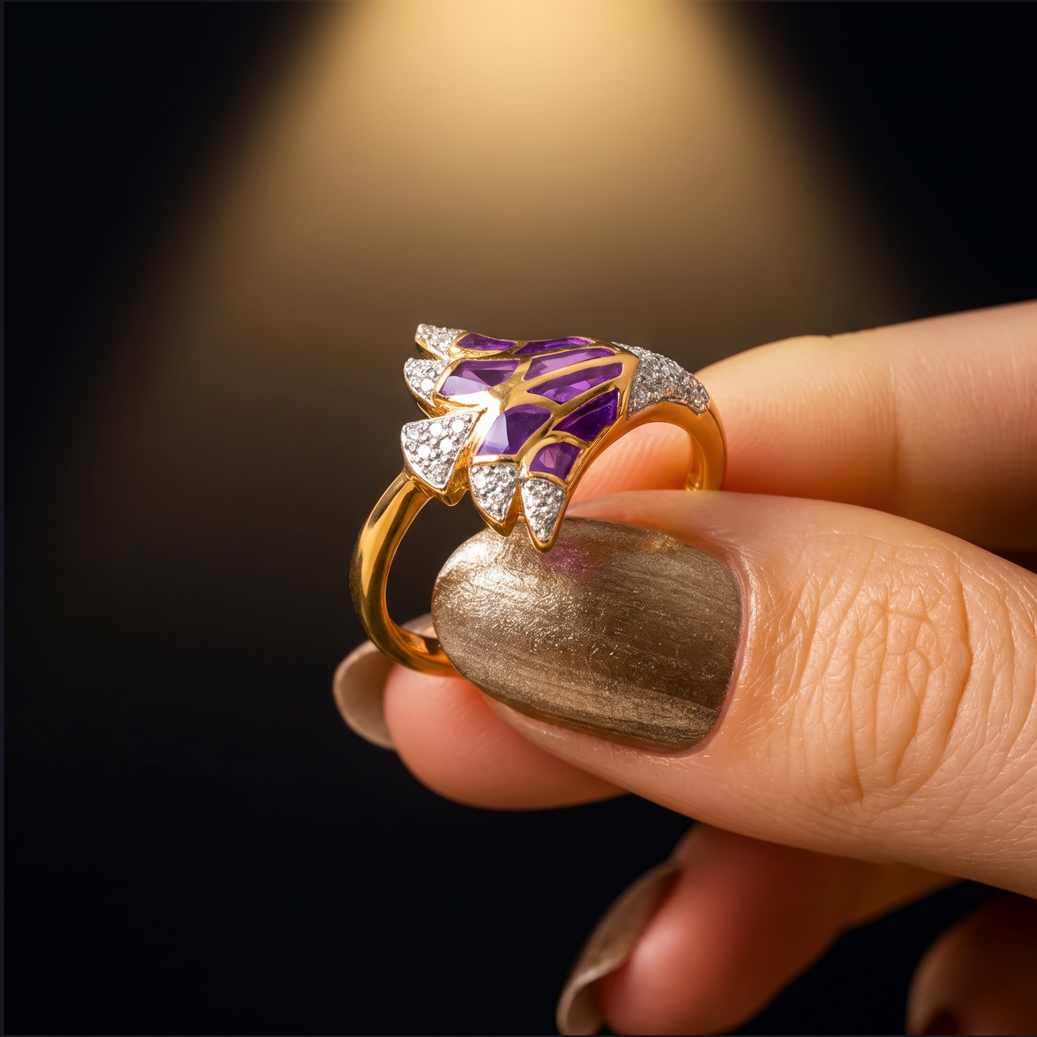 Purple gemstone ring held between fingers